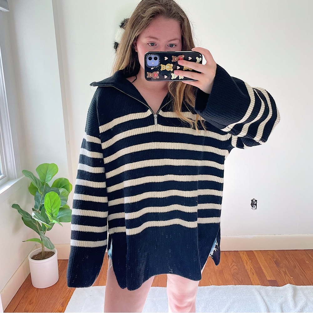 H&M Black and Cream Striped Half-Zip Oversized Sweater